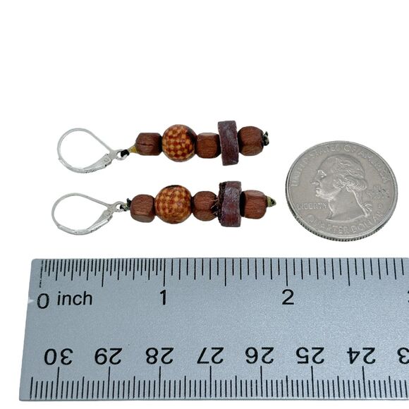 Vintage Sterling Silver 925 Wooden Bead Dangle Earrings - Picture 4 of 5